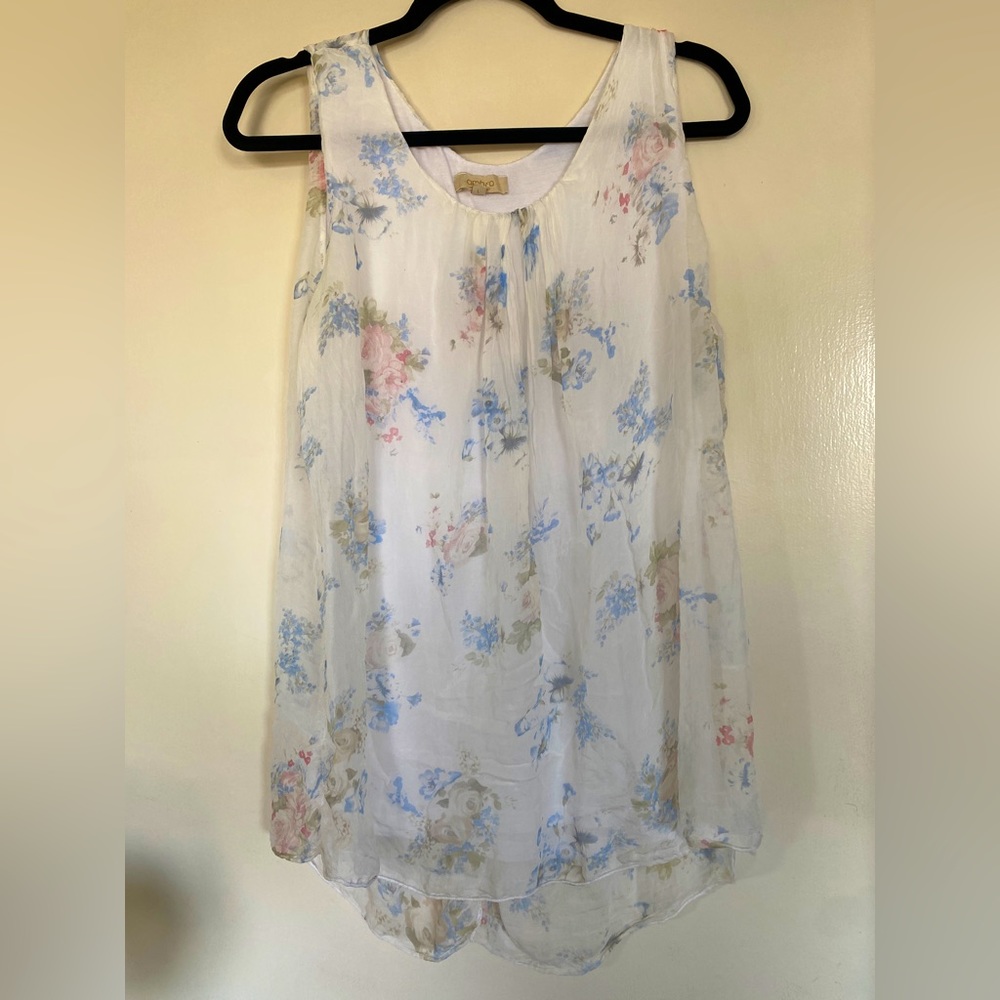 Ambra Italy Silk Floral Sleeveless Sheer Overlay Flowy Blouse- Size Large
